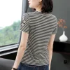 Daisy embroidered striped T-shirt for women, short sleeve, 2021 Summer new style, V-neck base layer for middle-aged mothers, slimming and shaping Specification image